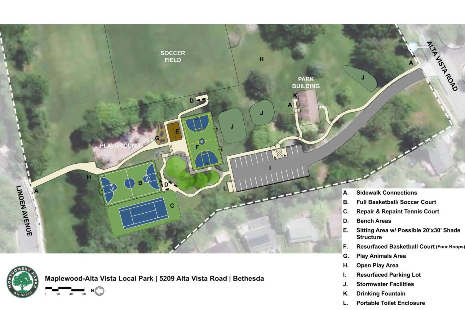 Maplewood-Alta Vista Park renovation concept plan showing proposed walkways, courts, seating, shelter, parking, and stormwater areas.