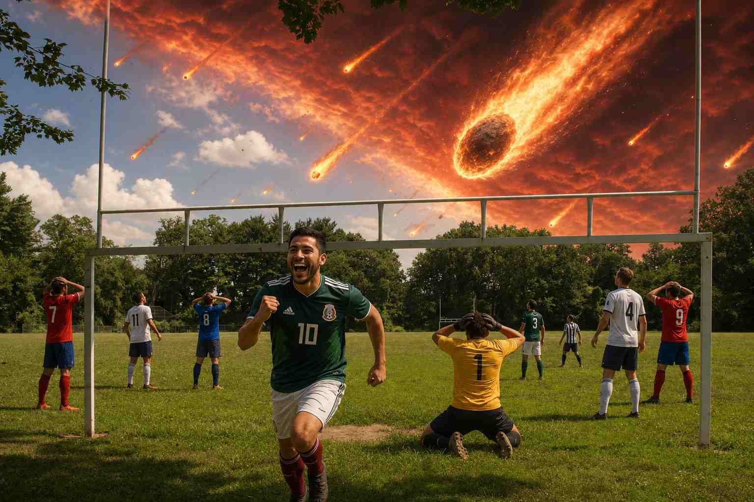 Players reacting as flaming meteors cross the sky above the goal.